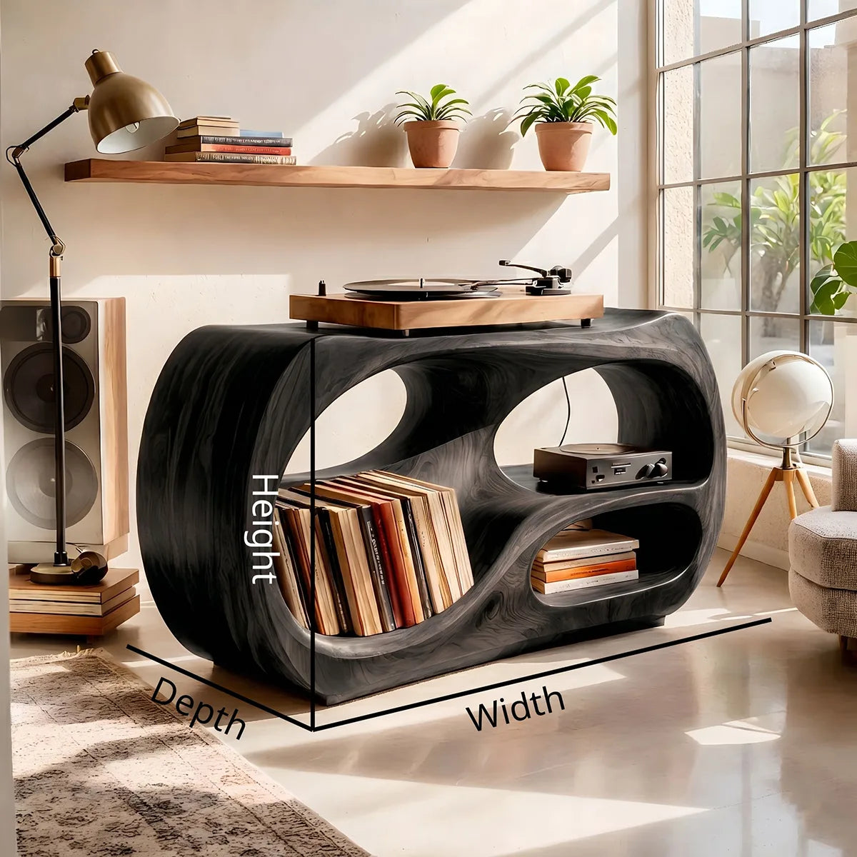 Solid Wood Record Player Stand, Curved Turntable Cabinet with Vinyl Storage