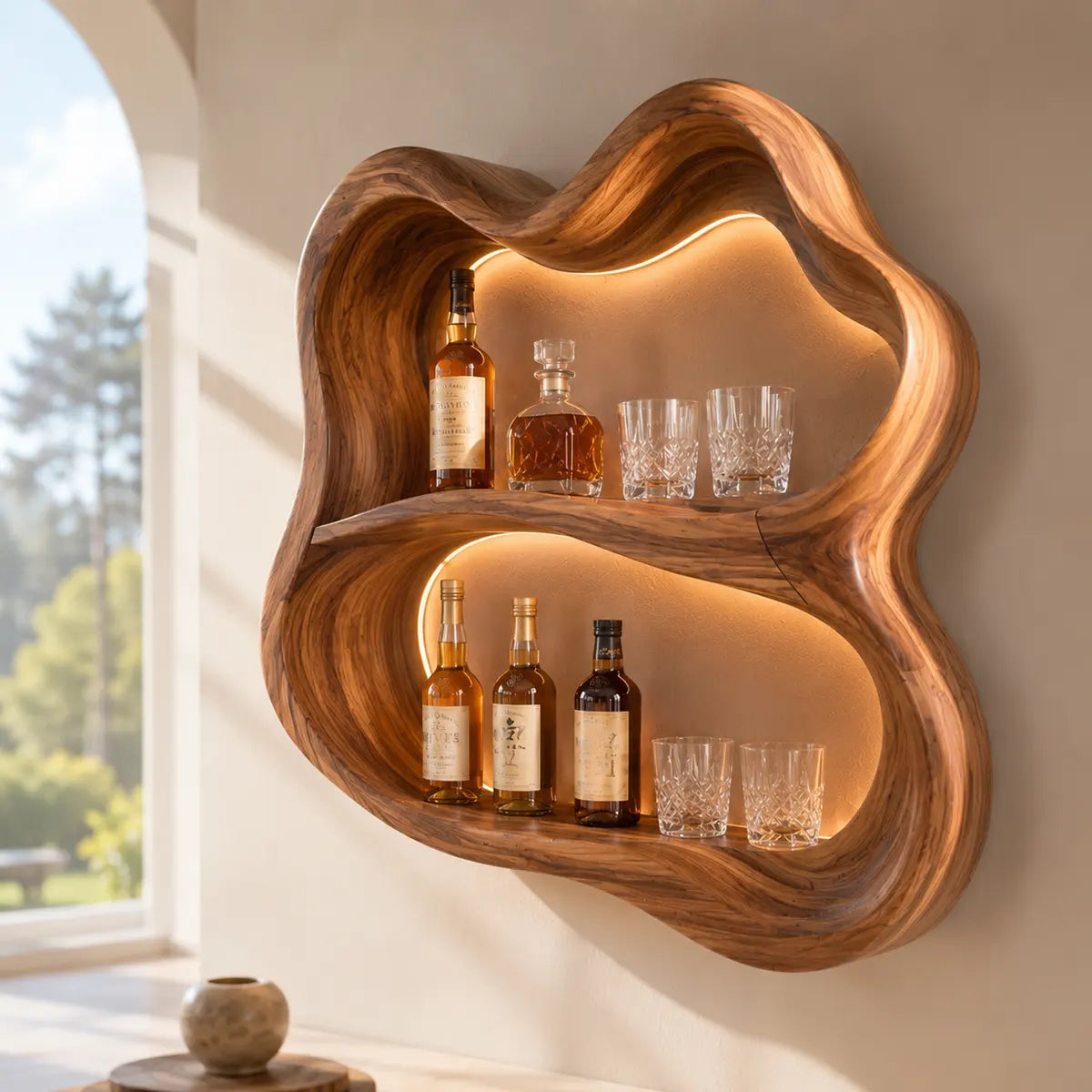 Sculptural Solid Wood Wall Wine Holder for Home Bars & Whiskey Lovers TT006-6450