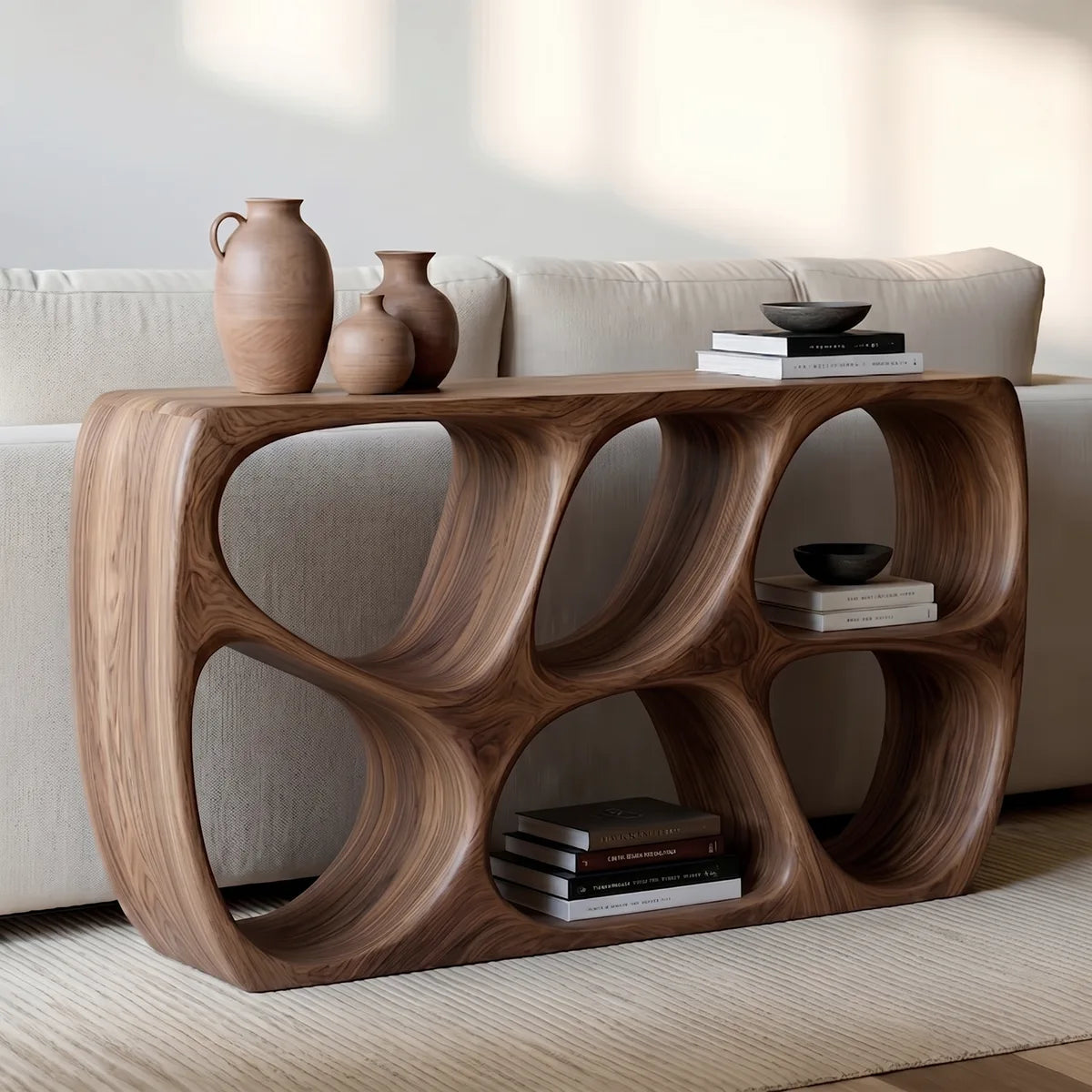 Organic Modern Sofa Table, Sculptural Wood Console Table, Open Storage Behind Couch Table HL020-7276