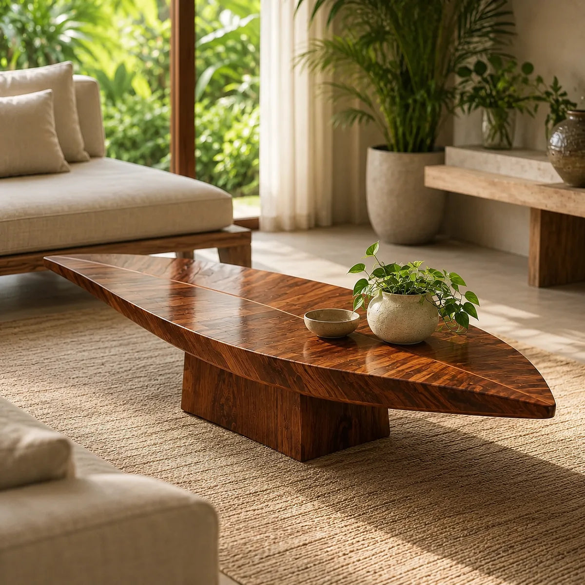 Organic Solid Wood Leaf Coffee Table | Freeform Hardwood Coffee Table with Sculptural Pedestal Base TT006-8380