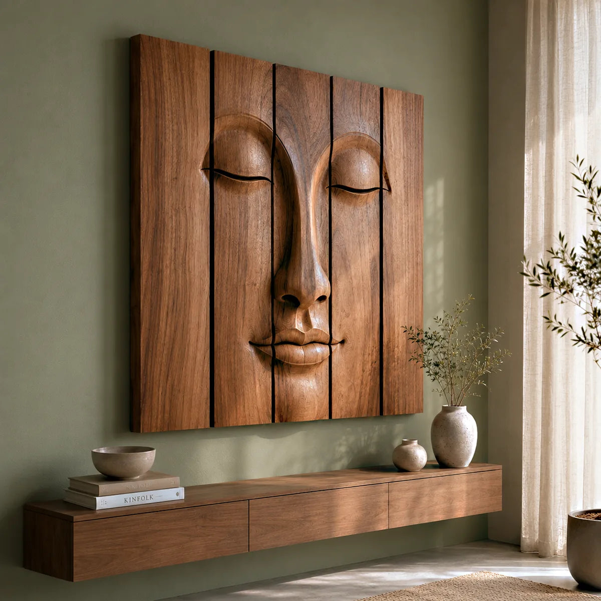 Zen Buddha Wooden Wall Art | Large 5 Panel Carved Wood Wall Sculpture TT006-4963