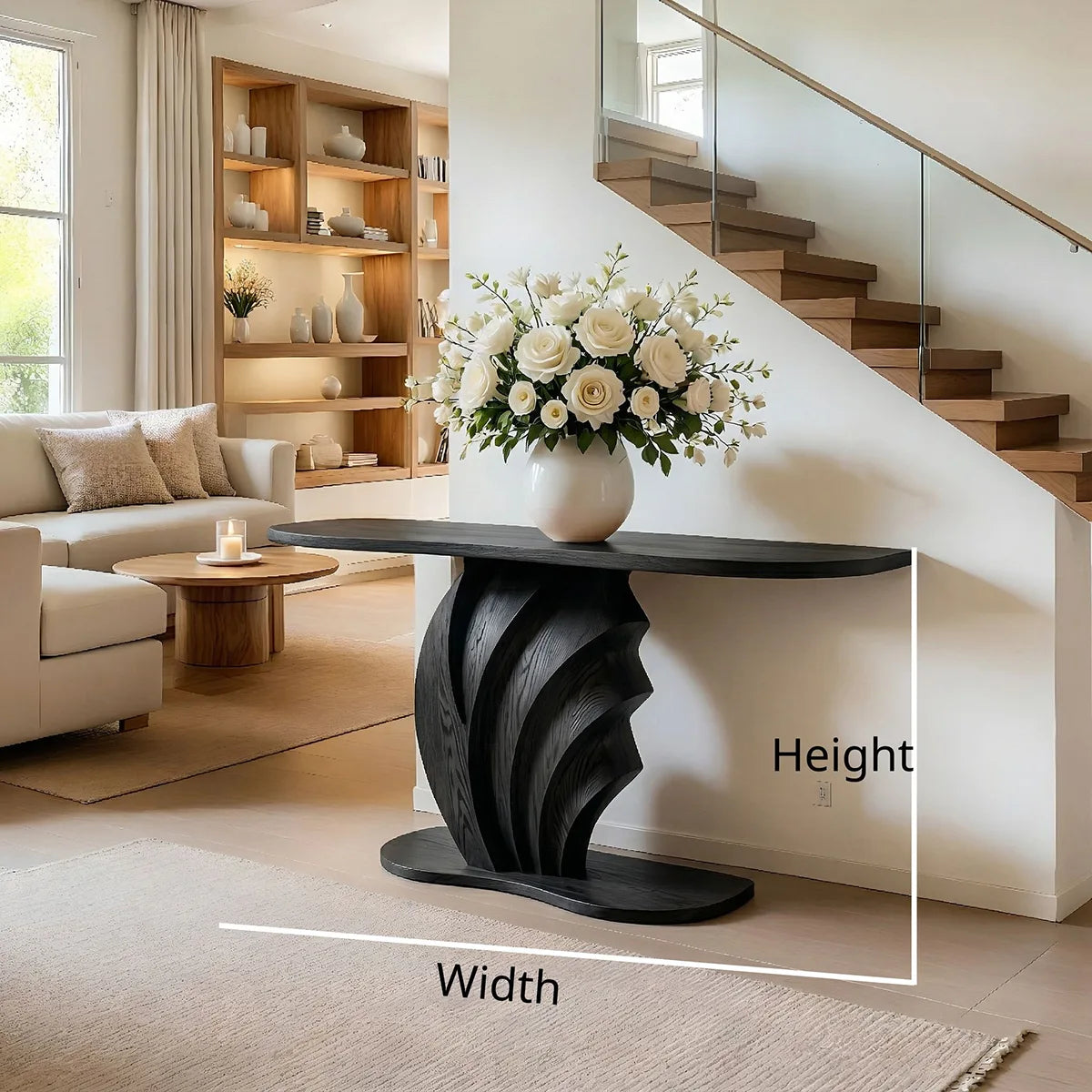 Sculptural Solid Wood Console Table with Carved Wave Pedestal Base