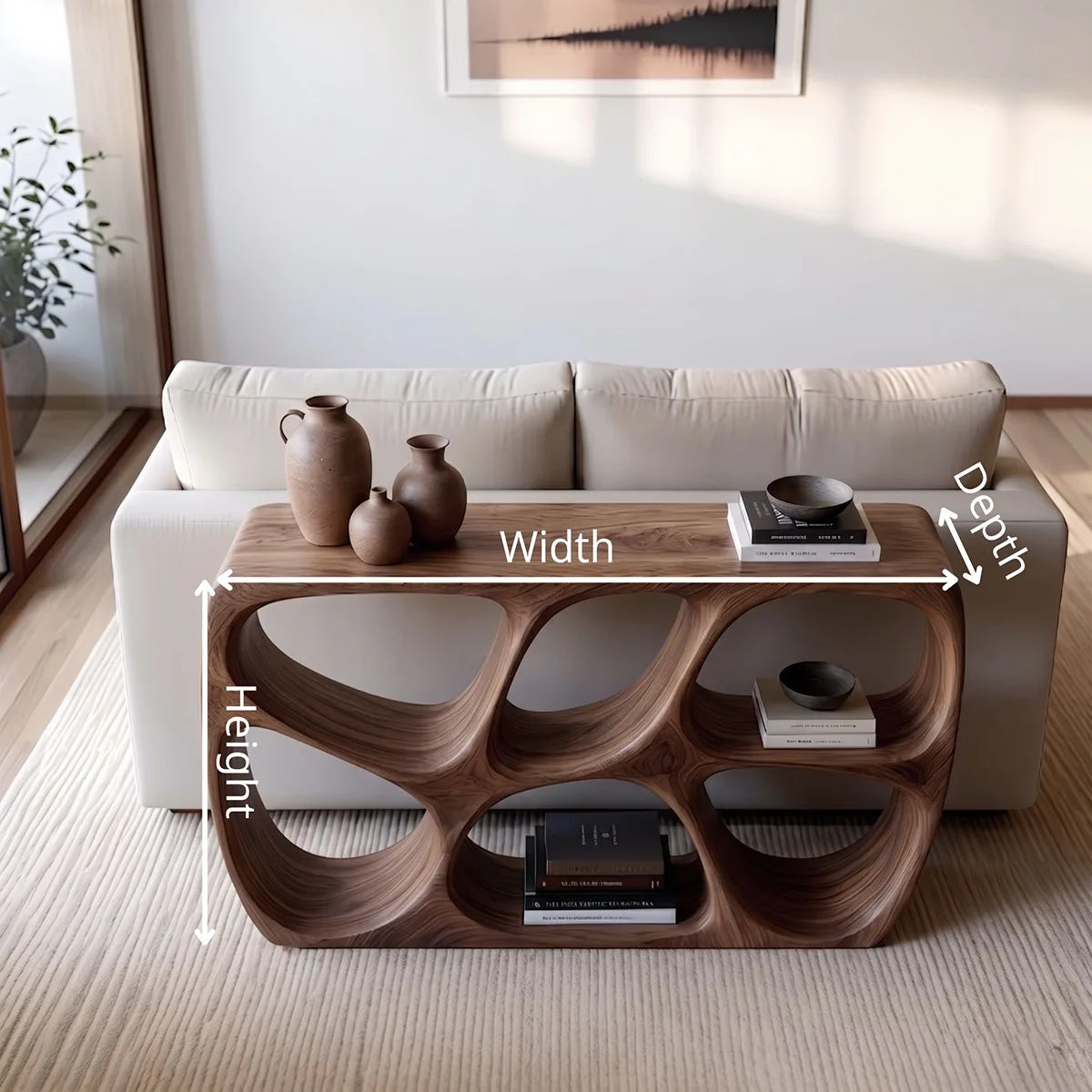 Organic Modern Sofa Table, Sculptural Wood Console Table, Open Storage Behind Couch Table HL020-7276
