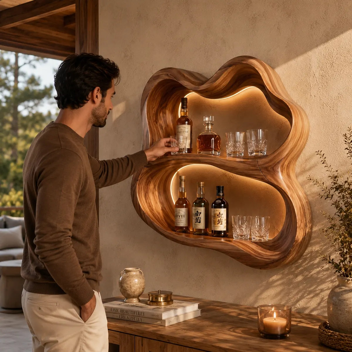 Sculptural Solid Wood Wall Wine Holder for Home Bars & Whiskey Lovers TT006-6450