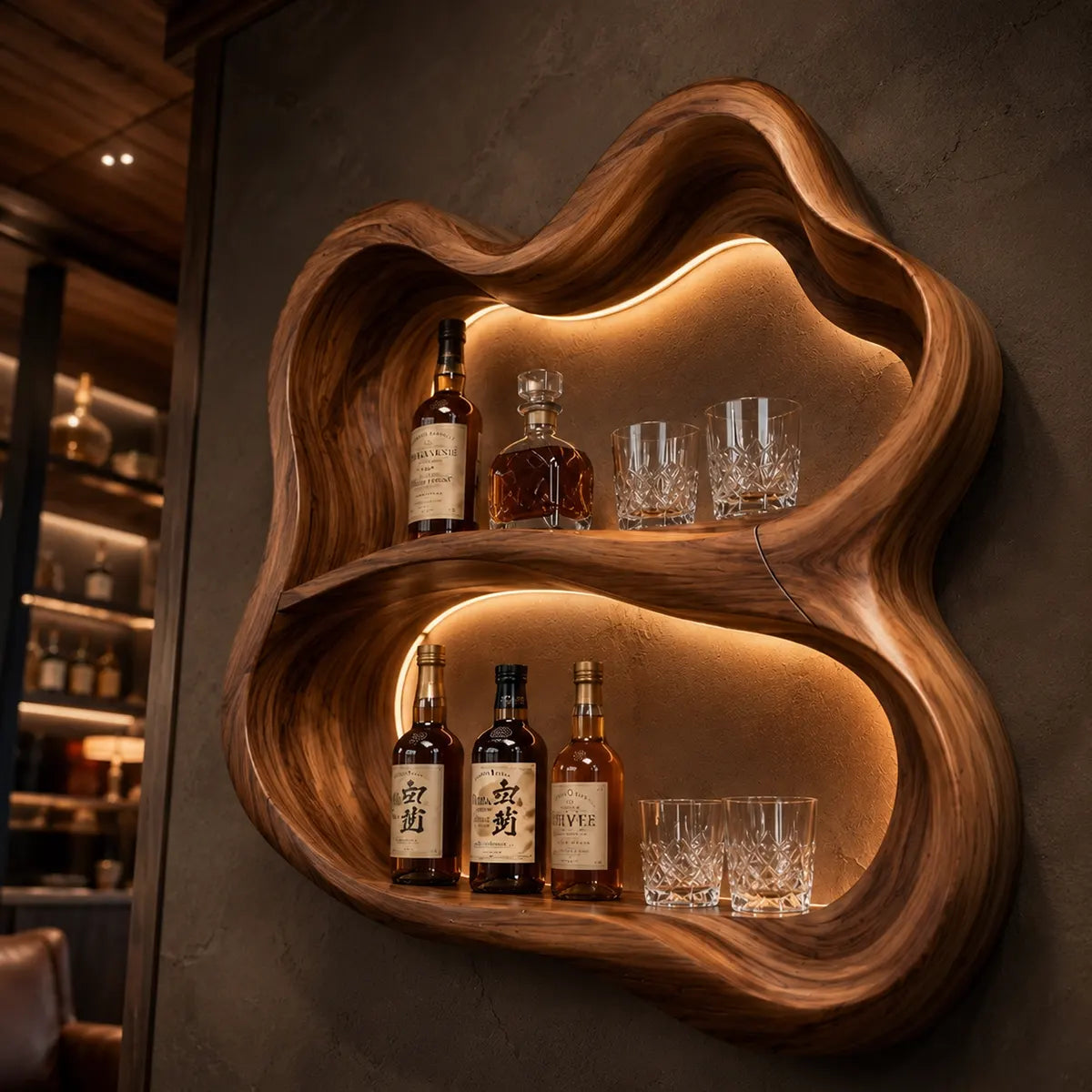 Sculptural Solid Wood Wall Wine Holder for Home Bars & Whiskey Lovers TT006-6450