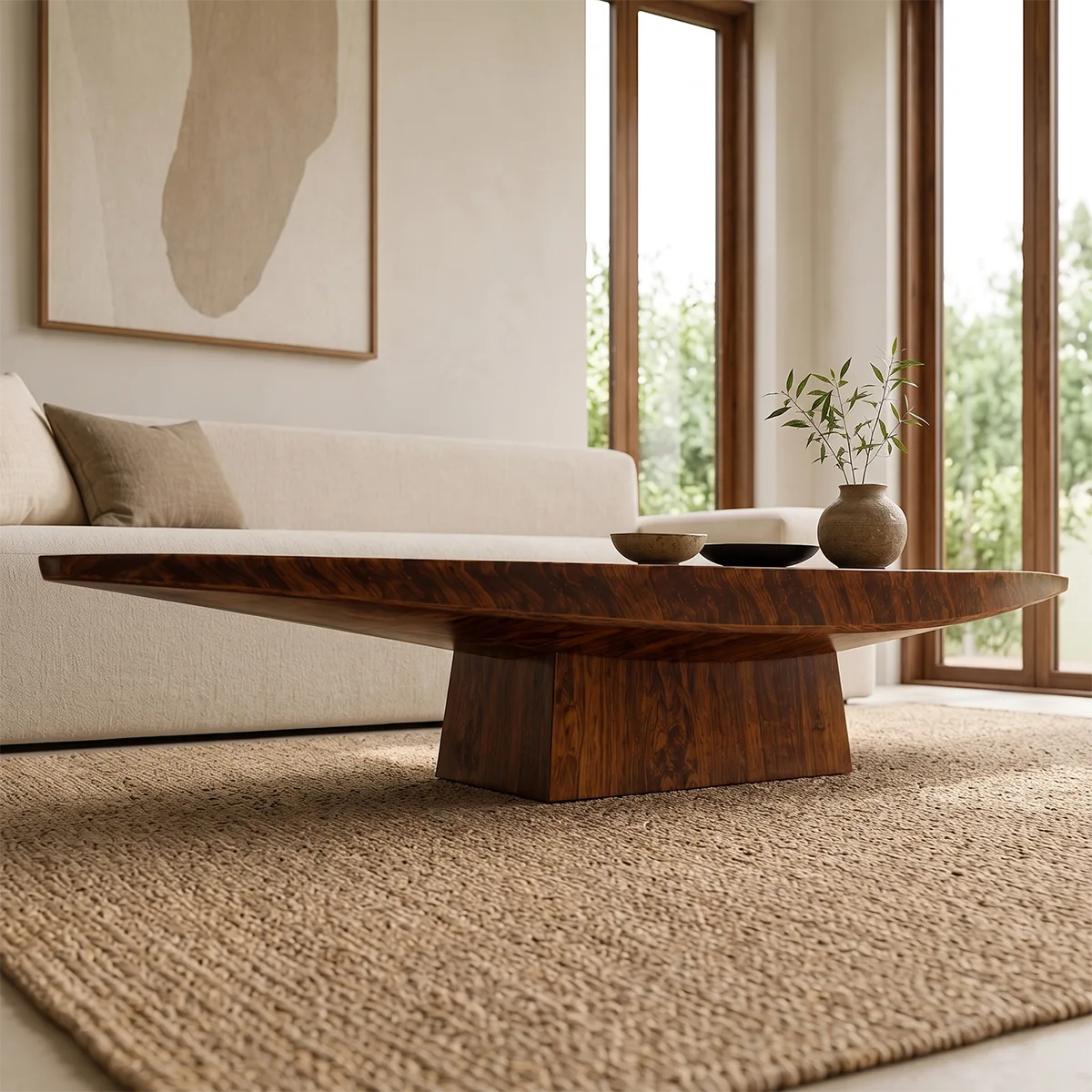 Organic Solid Wood Leaf Coffee Table | Freeform Hardwood Coffee Table with Sculptural Pedestal Base TT006-8380