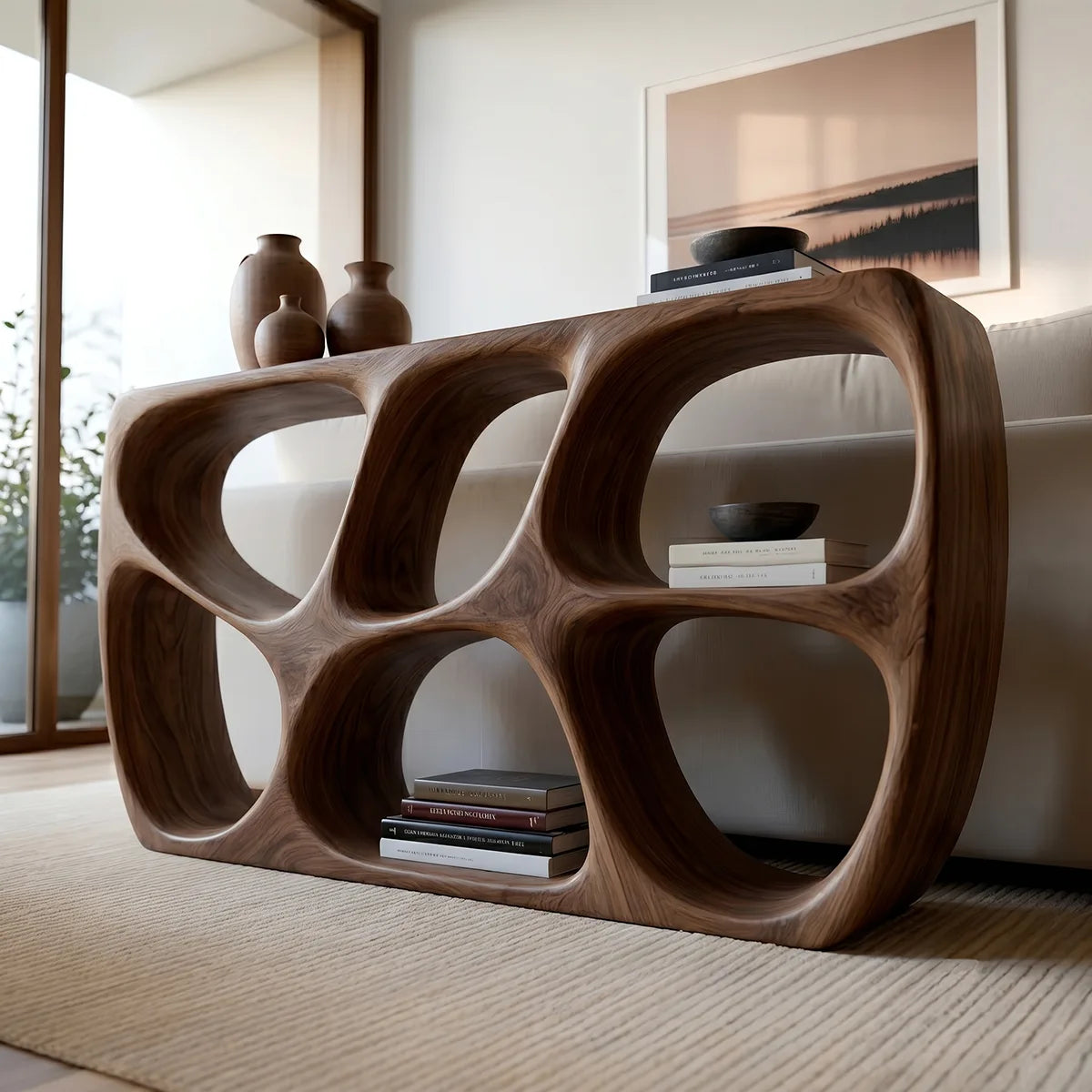 Organic Modern Sofa Table, Sculptural Wood Console Table, Open Storage Behind Couch Table HL020-7276