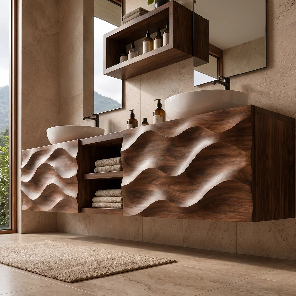 Sculpted Wave Double Sink Floating Bathroom Vanity TT006-9643