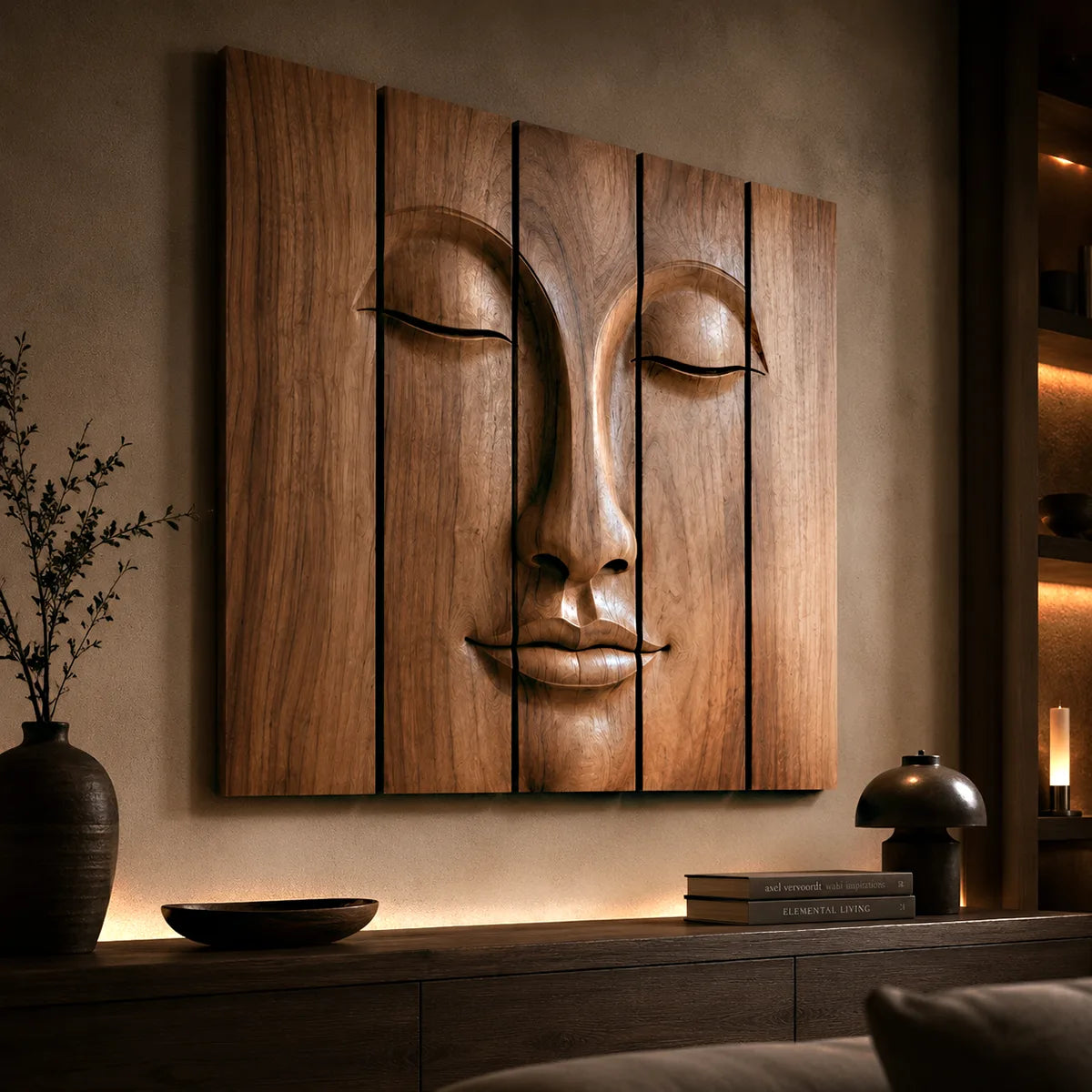 Zen Buddha Wooden Wall Art | Large 5 Panel Carved Wood Wall Sculpture TT006-4963