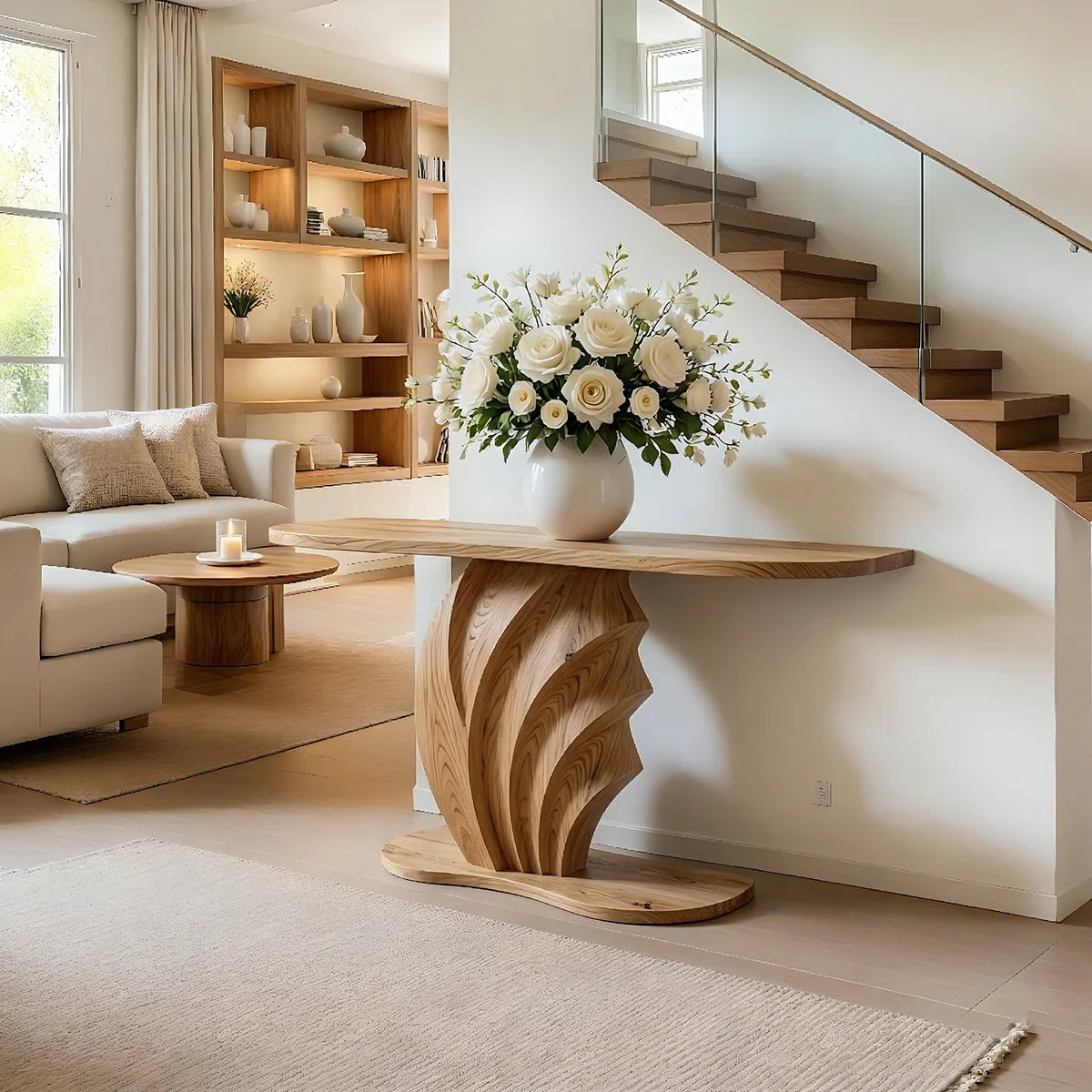 Sculptural Solid Wood Console Table with Carved Wave Pedestal Base