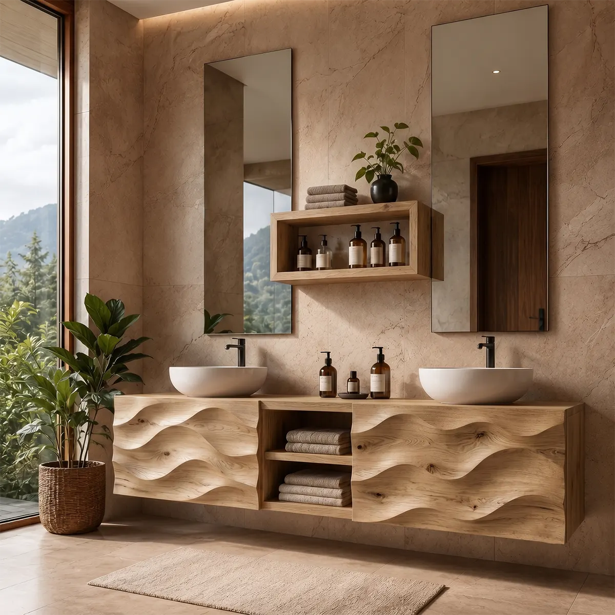 Sculpted Wave Double Sink Floating Bathroom Vanity TT006-9643