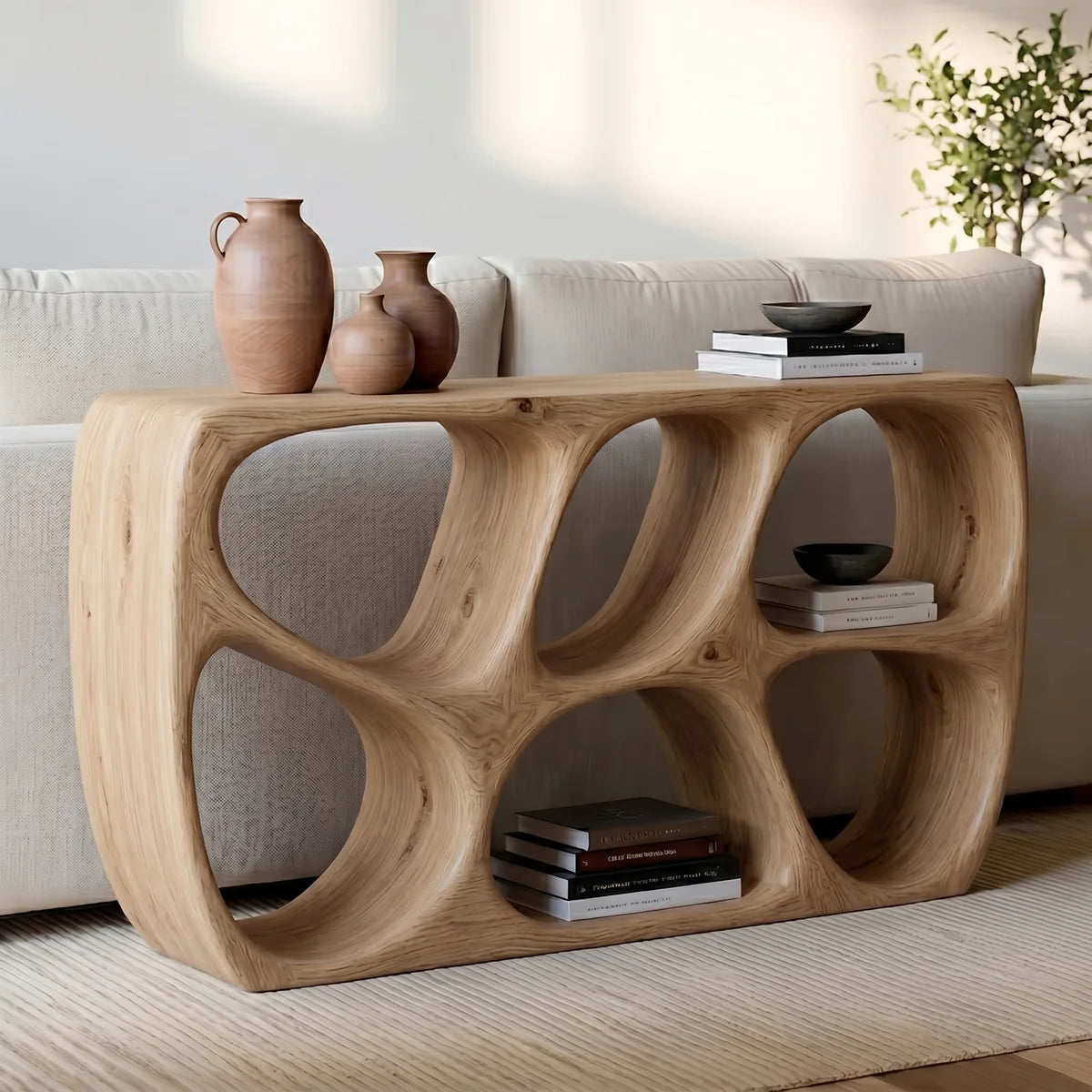 Organic Modern Sofa Table, Sculptural Wood Console Table, Open Storage Behind Couch Table HL020-7276