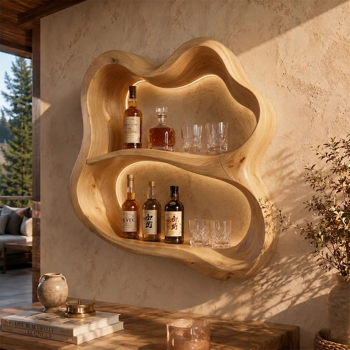 Sculptural Solid Wood Wall Wine Holder for Home Bars & Whiskey Lovers TT006-6450