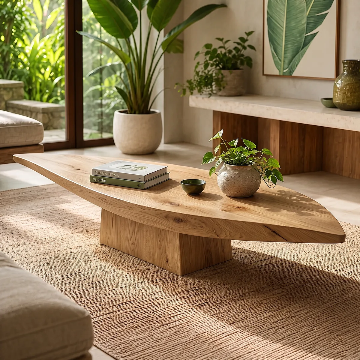 Organic Solid Wood Leaf Coffee Table | Freeform Hardwood Coffee Table with Sculptural Pedestal Base TT006-8380