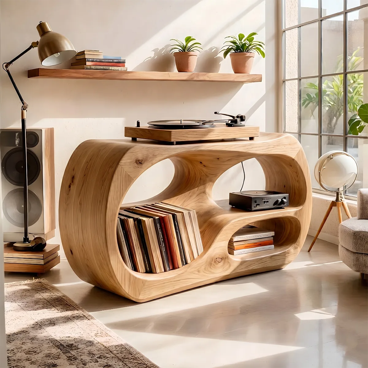 Solid Wood Record Player Stand, Curved Turntable Cabinet with Vinyl Storage