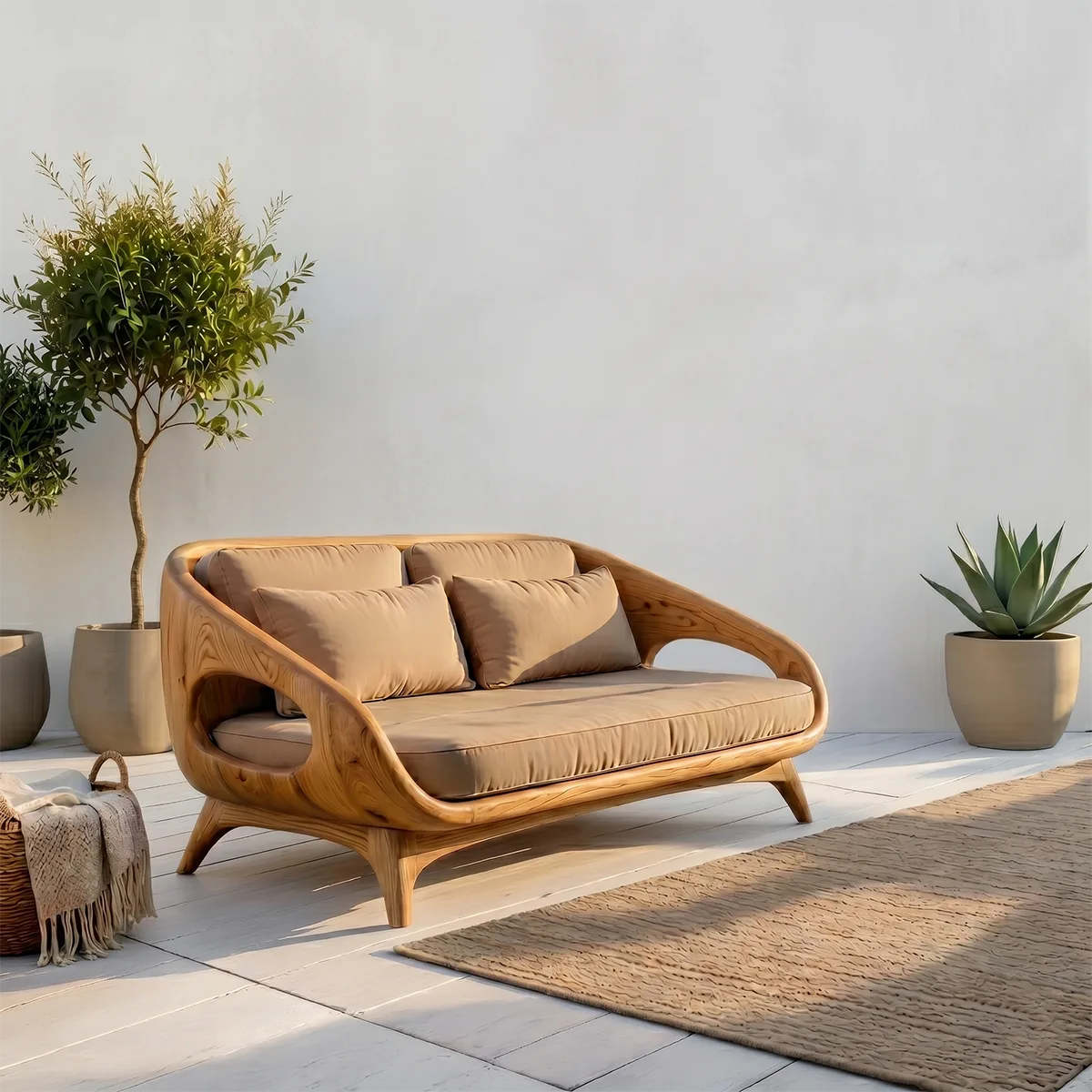 Luxury Organic Modern Outdoor Solid Wood Sofa with Sculptural Curves
