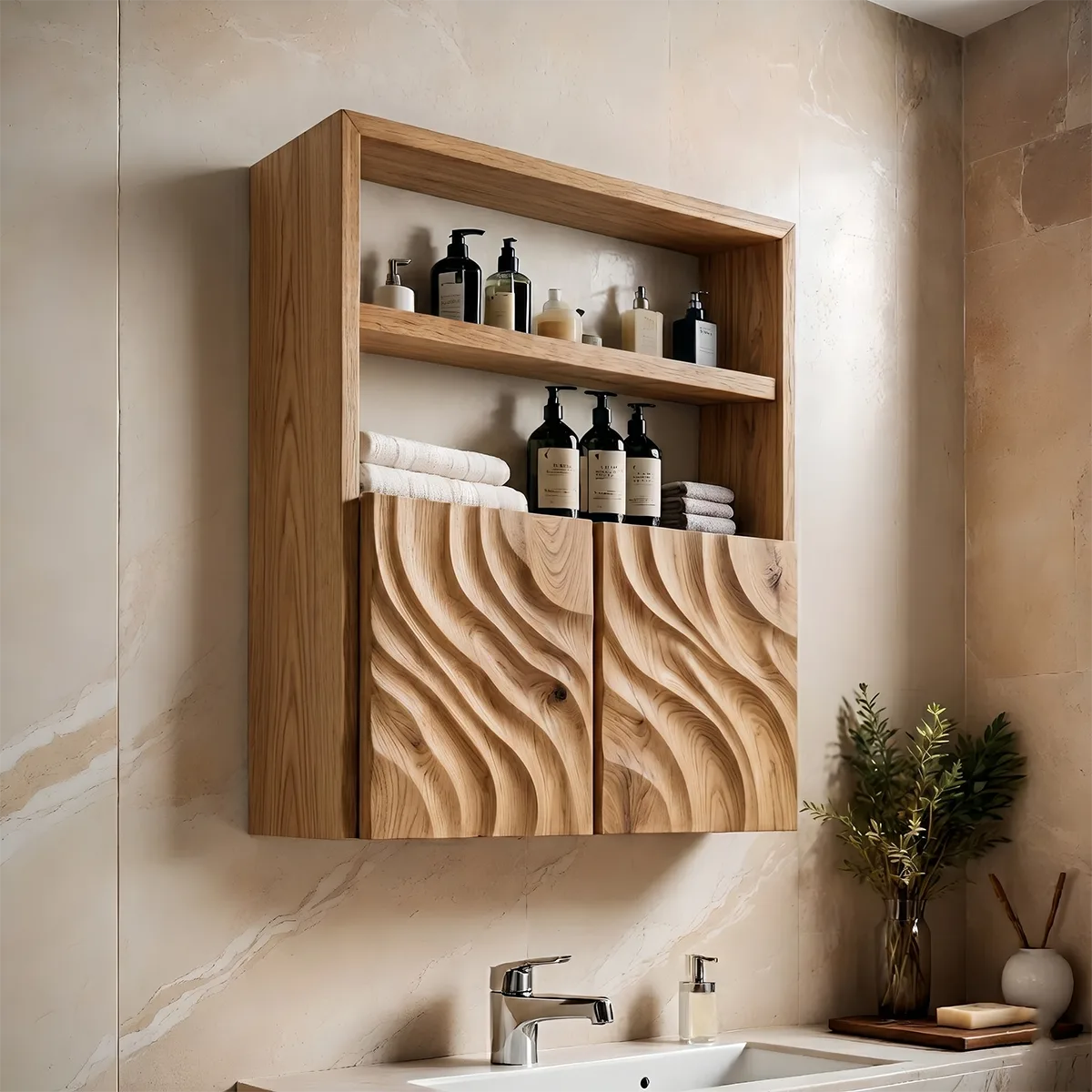 Solid Wood Wall Cabinet Handcrafted Wave Front Bathroom Storage Cabinet