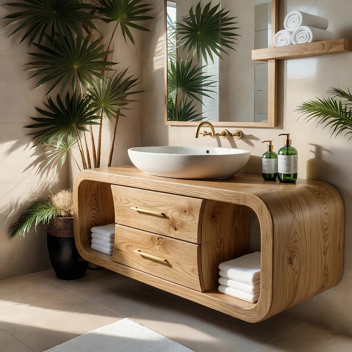 Floating Solid Wood Bathroom Vanity with Rounded Frame