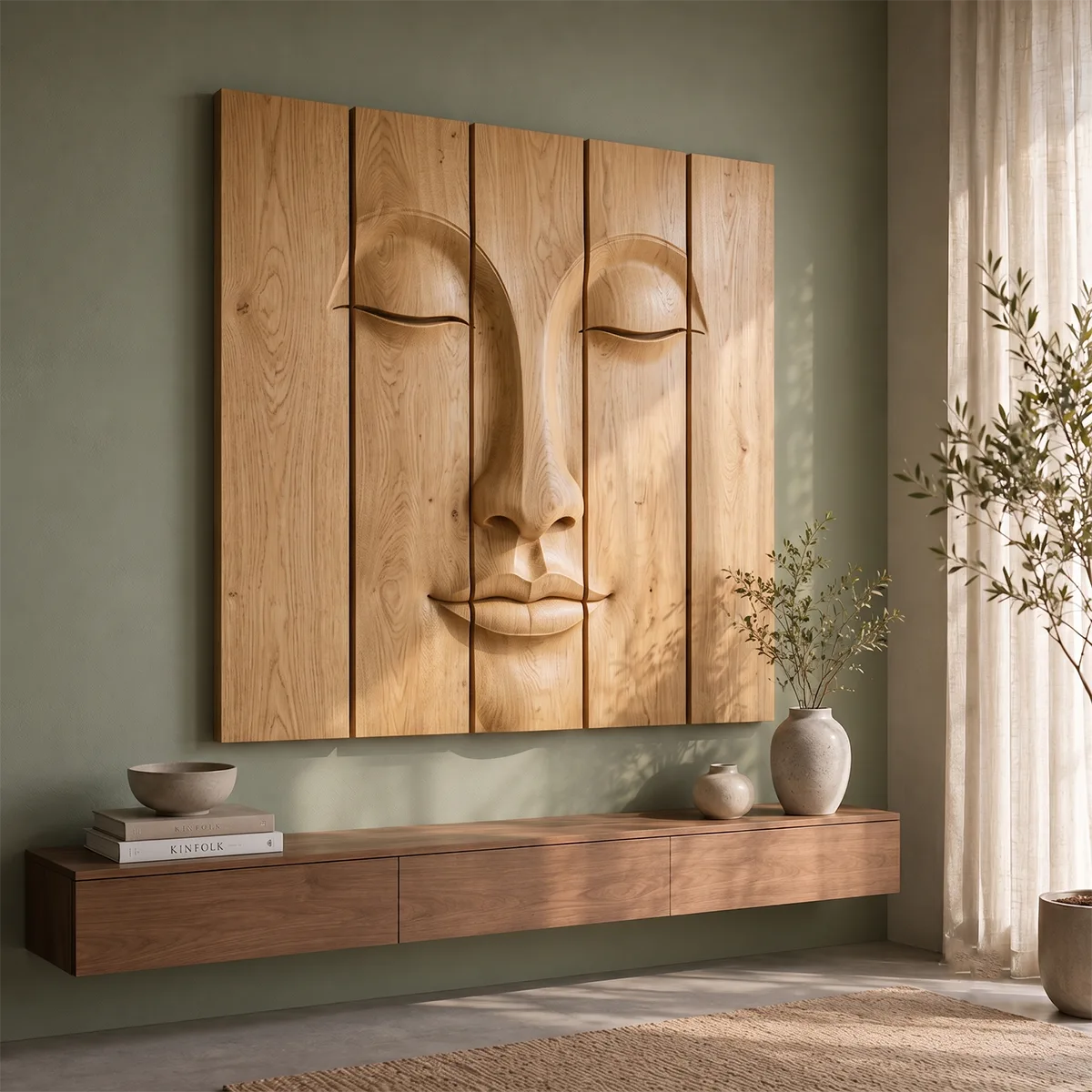 Zen Buddha Wooden Wall Art | Large 5 Panel Carved Wood Wall Sculpture TT006-4963