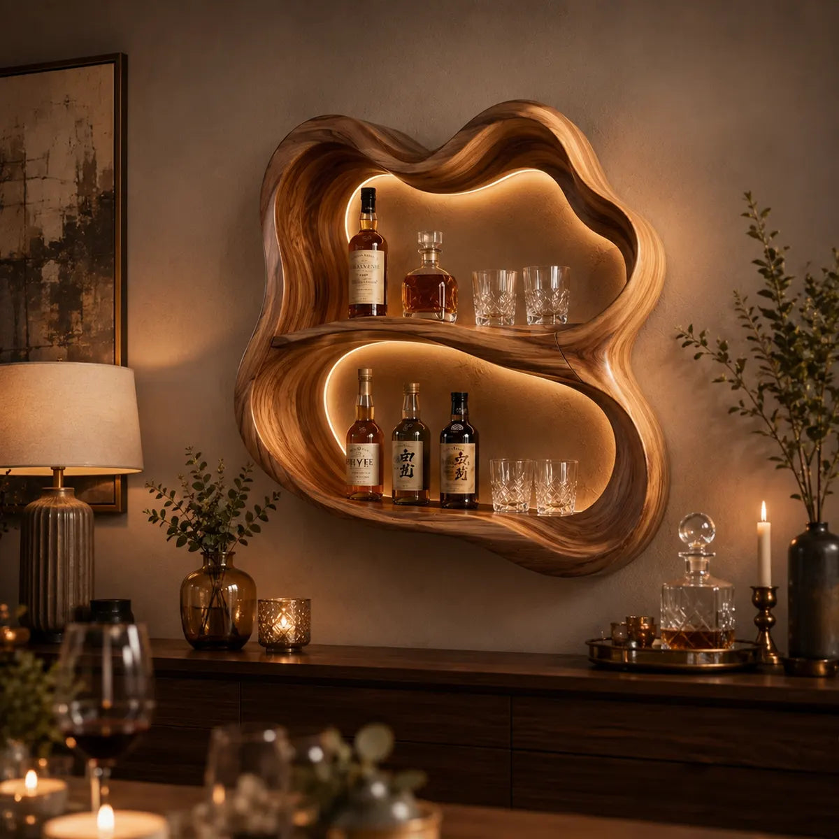 Sculptural Solid Wood Wall Wine Holder for Home Bars & Whiskey Lovers TT006-6450