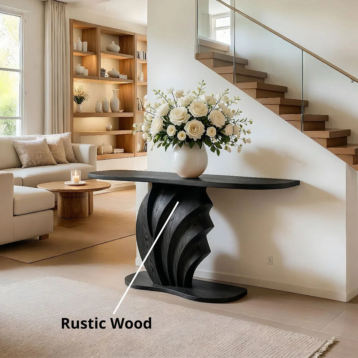 Sculptural Solid Wood Console Table with Carved Wave Pedestal Base
