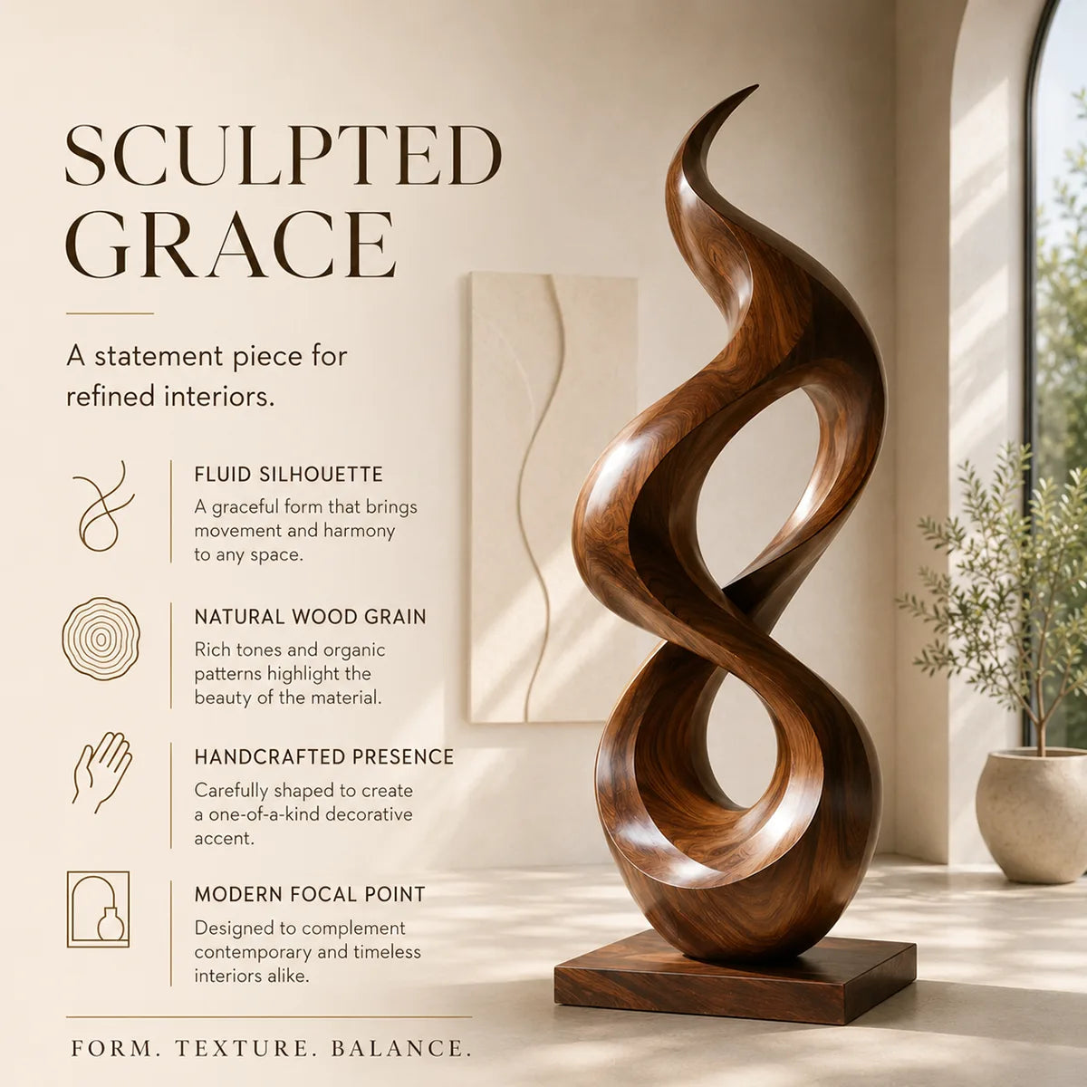 Handcrafted Solid Wood Infinity Twist Sculpture – Modern Organic Floor Art TT006-8238