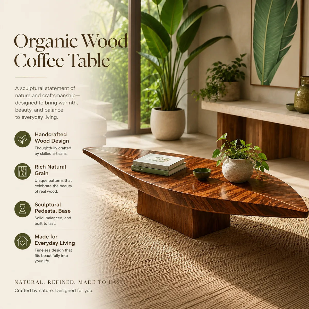 Organic Solid Wood Leaf Coffee Table | Freeform Hardwood Coffee Table with Sculptural Pedestal Base TT006-8380