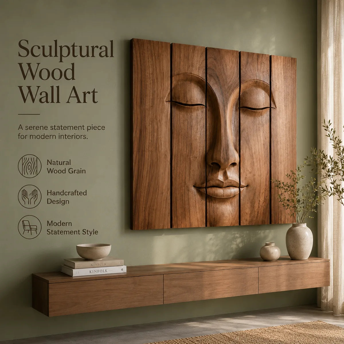 Zen Buddha Wooden Wall Art | Large 5 Panel Carved Wood Wall Sculpture TT006-4963