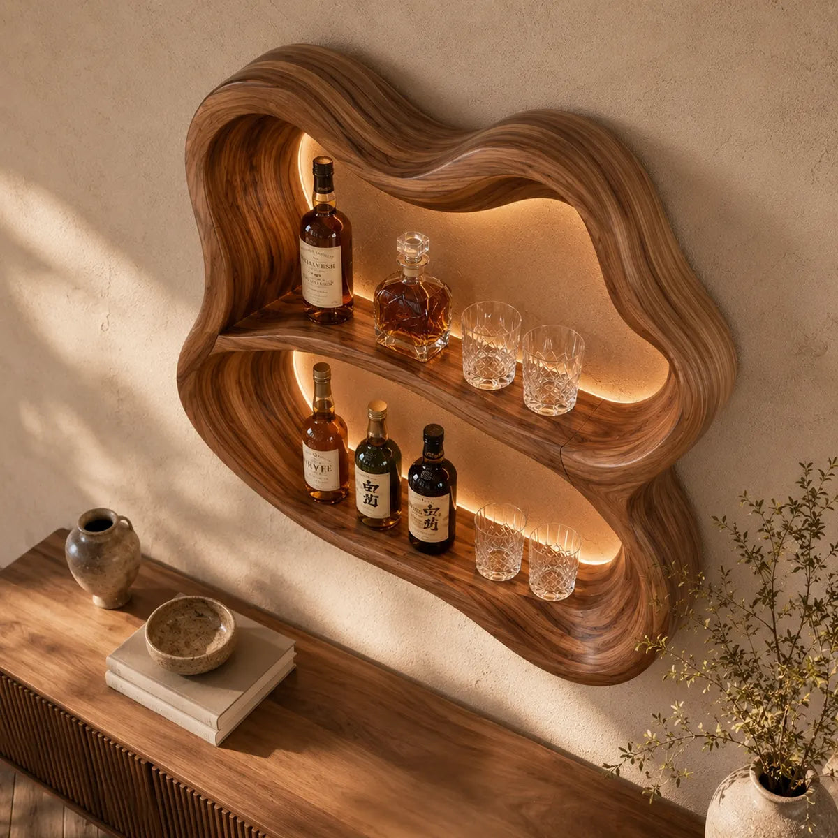 Sculptural Solid Wood Wall Wine Holder for Home Bars & Whiskey Lovers TT006-6450