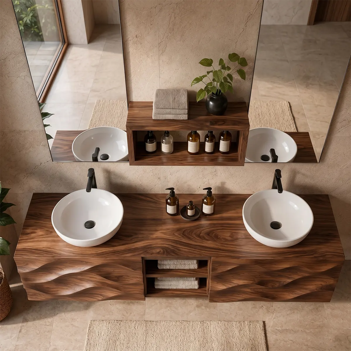 Sculpted Wave Double Sink Floating Bathroom Vanity TT006-9643