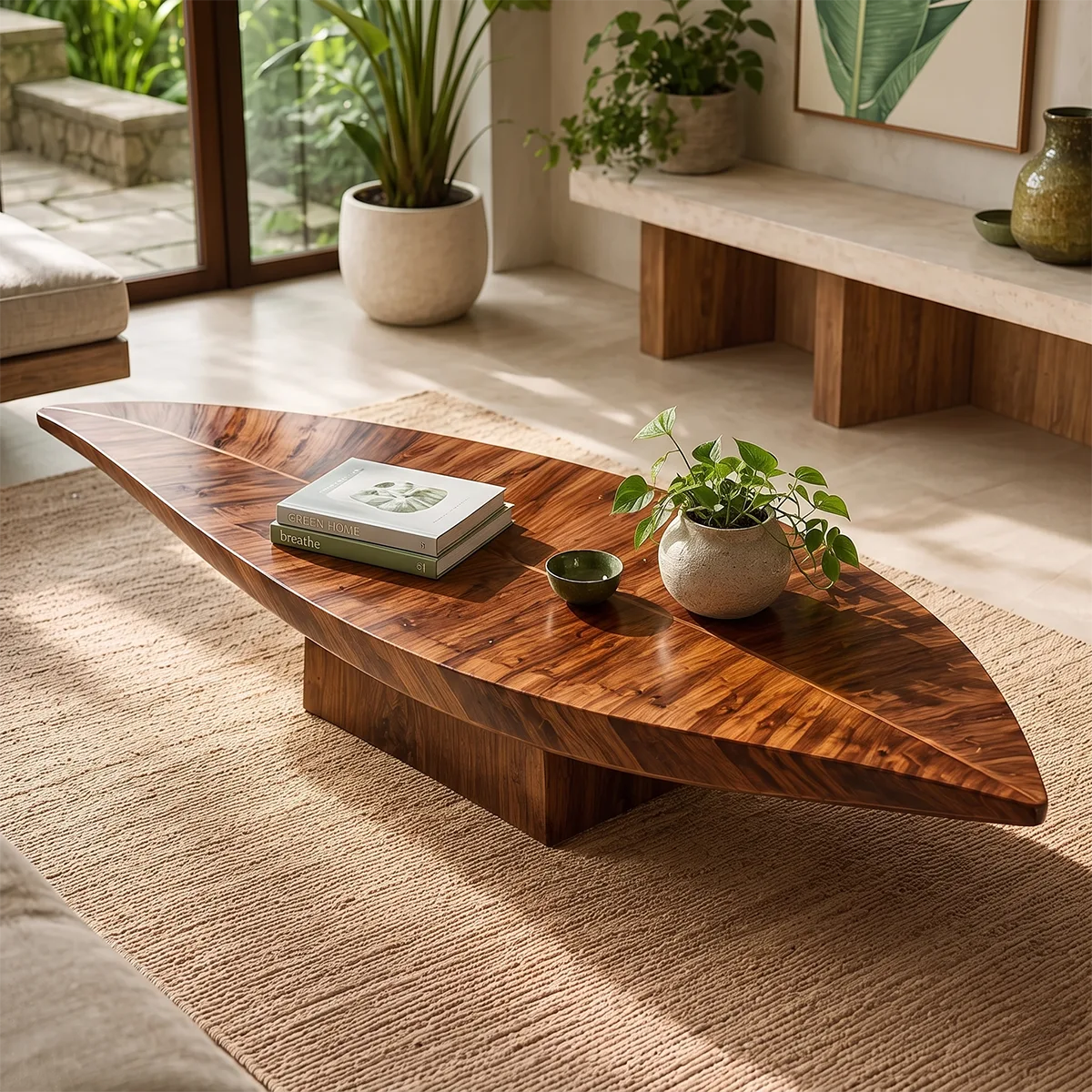 Organic Solid Wood Leaf Coffee Table | Freeform Hardwood Coffee Table with Sculptural Pedestal Base TT006-8380