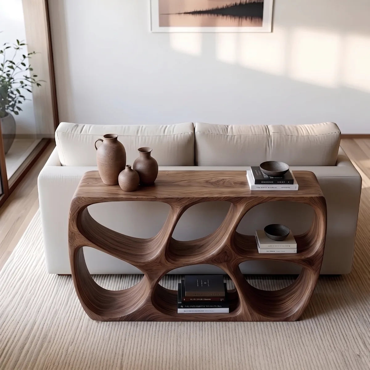 Organic Modern Sofa Table, Sculptural Wood Console Table, Open Storage Behind Couch Table HL020-7276