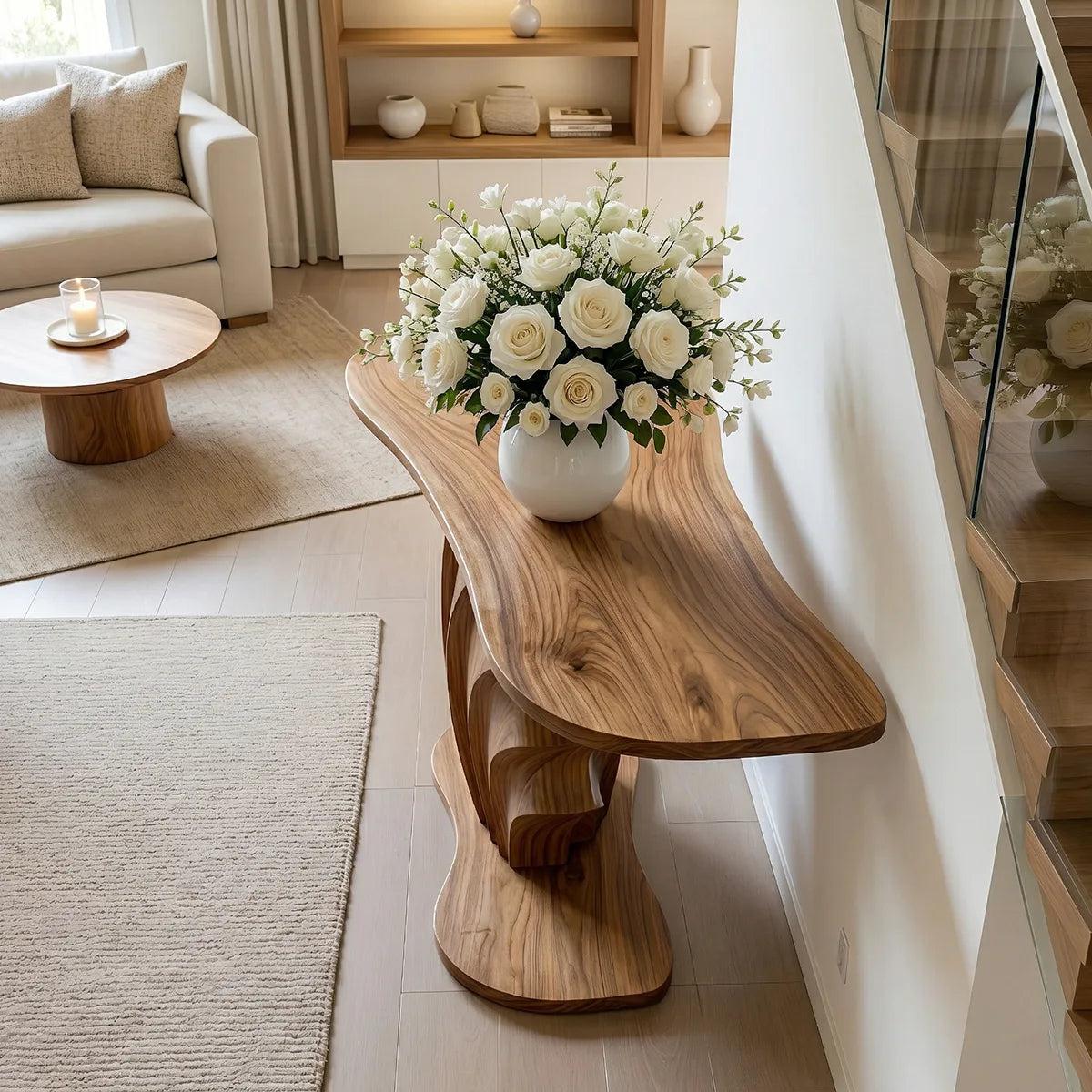 Sculptural Solid Wood Console Table with Carved Wave Pedestal Base