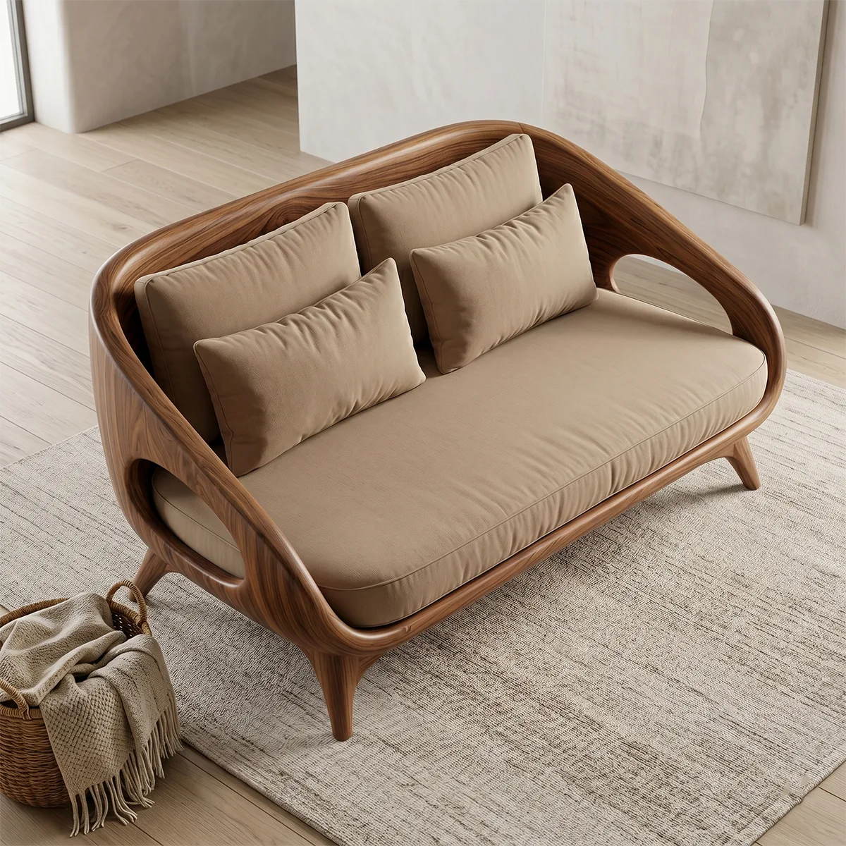 Luxury Organic Modern Outdoor Solid Wood Sofa with Sculptural Curves