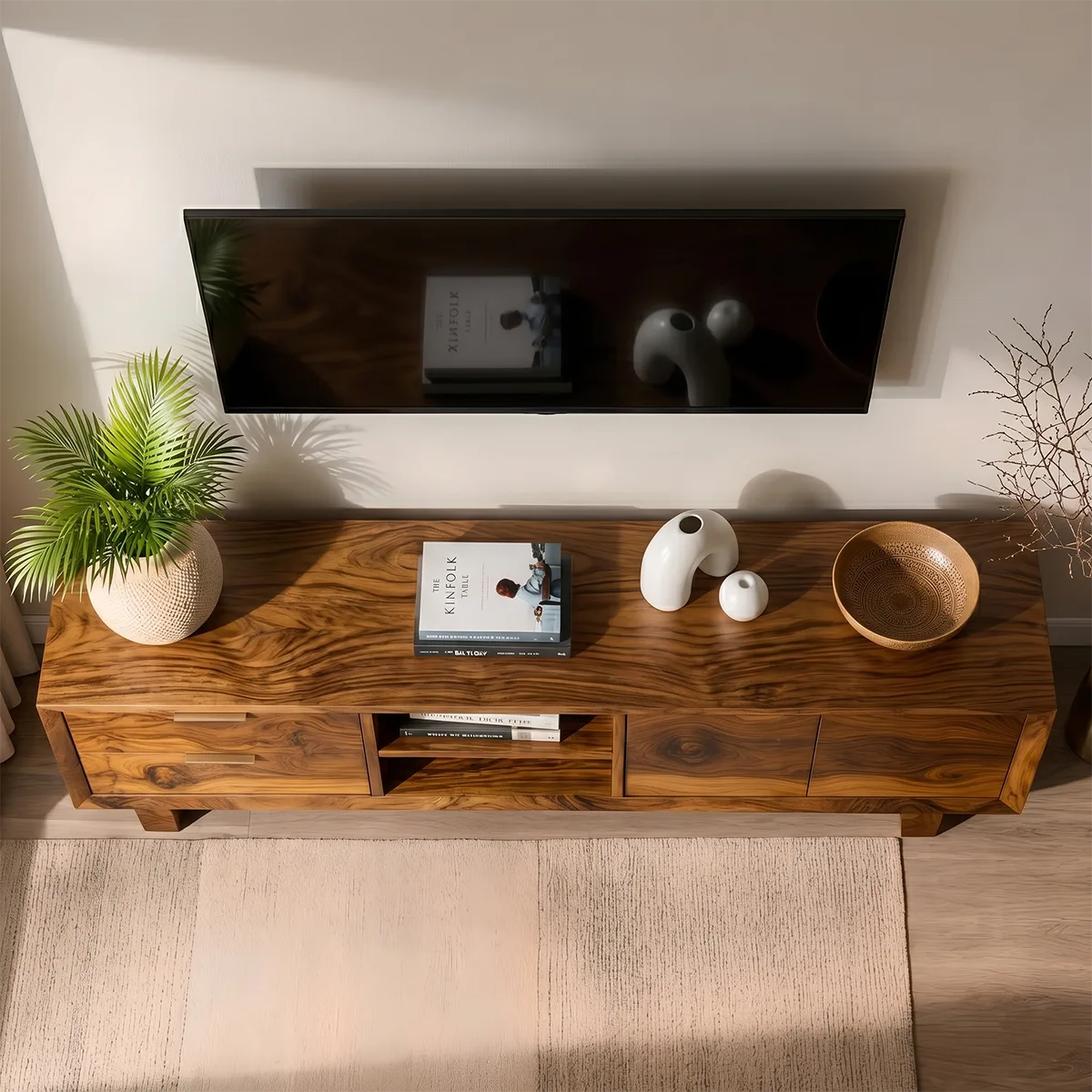 Mid Century Modern Solid Wood TV Stand with Mixed Storage