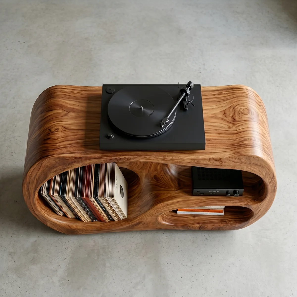 Solid Wood Record Player Stand, Curved Turntable Cabinet with Vinyl Storage