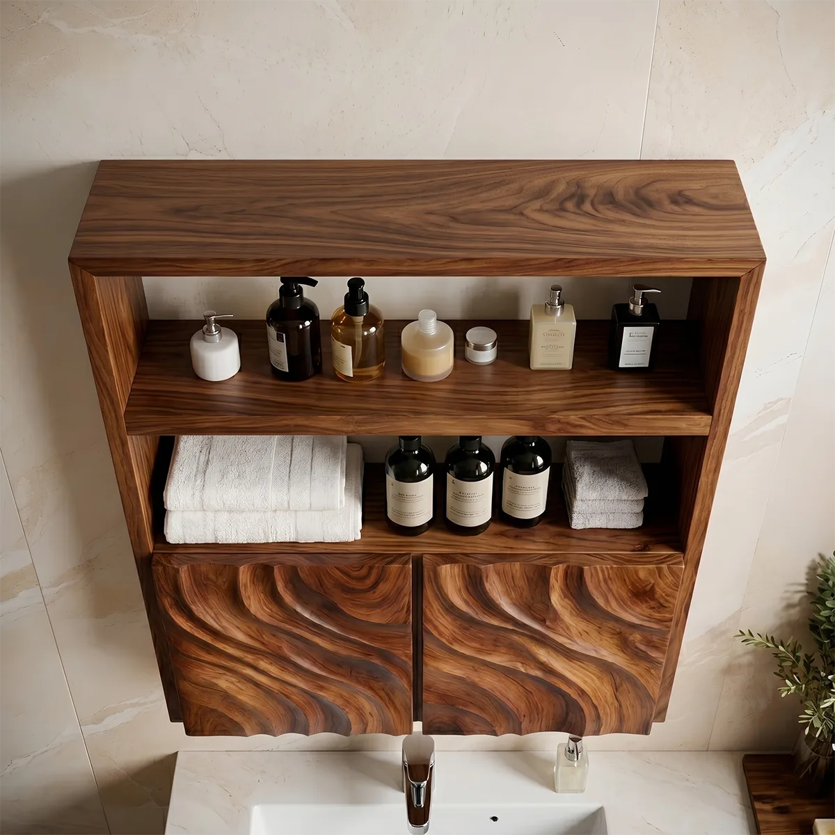 Solid Wood Wall Cabinet Handcrafted Wave Front Bathroom Storage Cabinet
