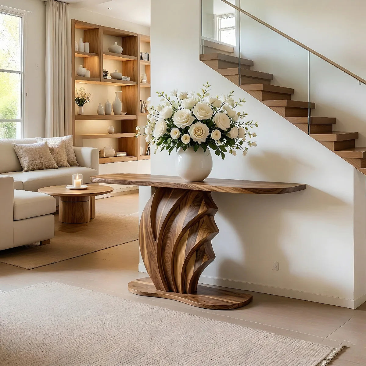 Sculptural Solid Wood Console Table with Carved Wave Pedestal Base