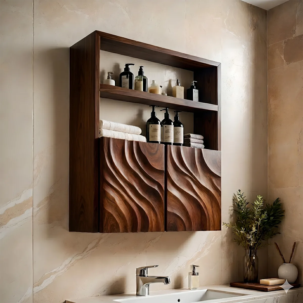 Solid Wood Wall Cabinet Handcrafted Wave Front Bathroom Storage Cabinet