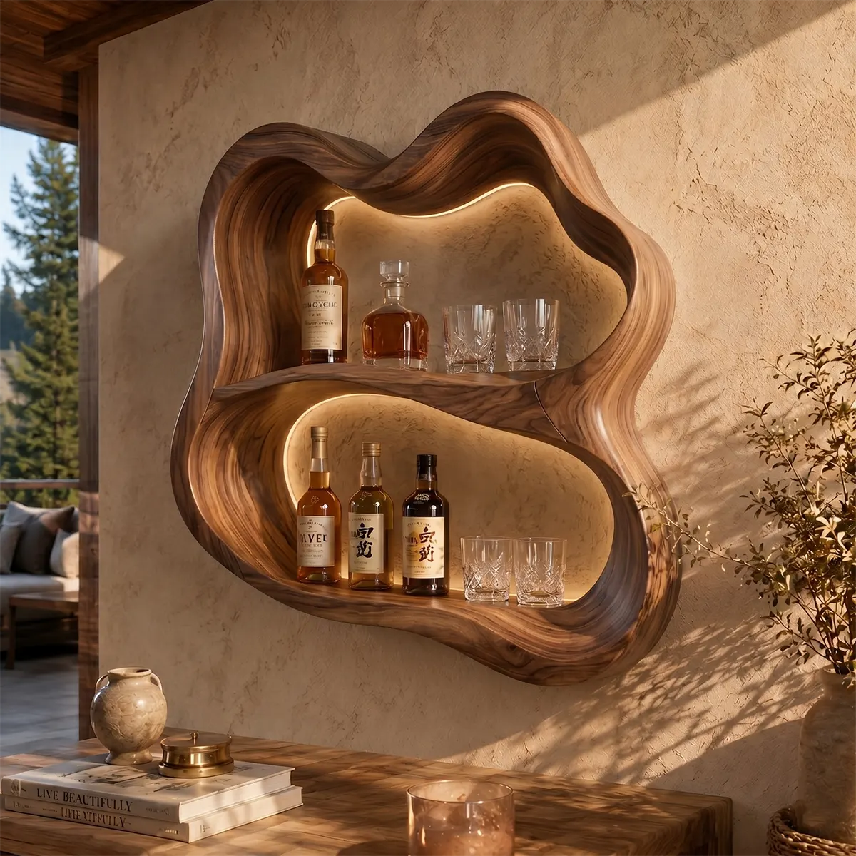 Sculptural Solid Wood Wall Wine Holder for Home Bars & Whiskey Lovers TT006-6450