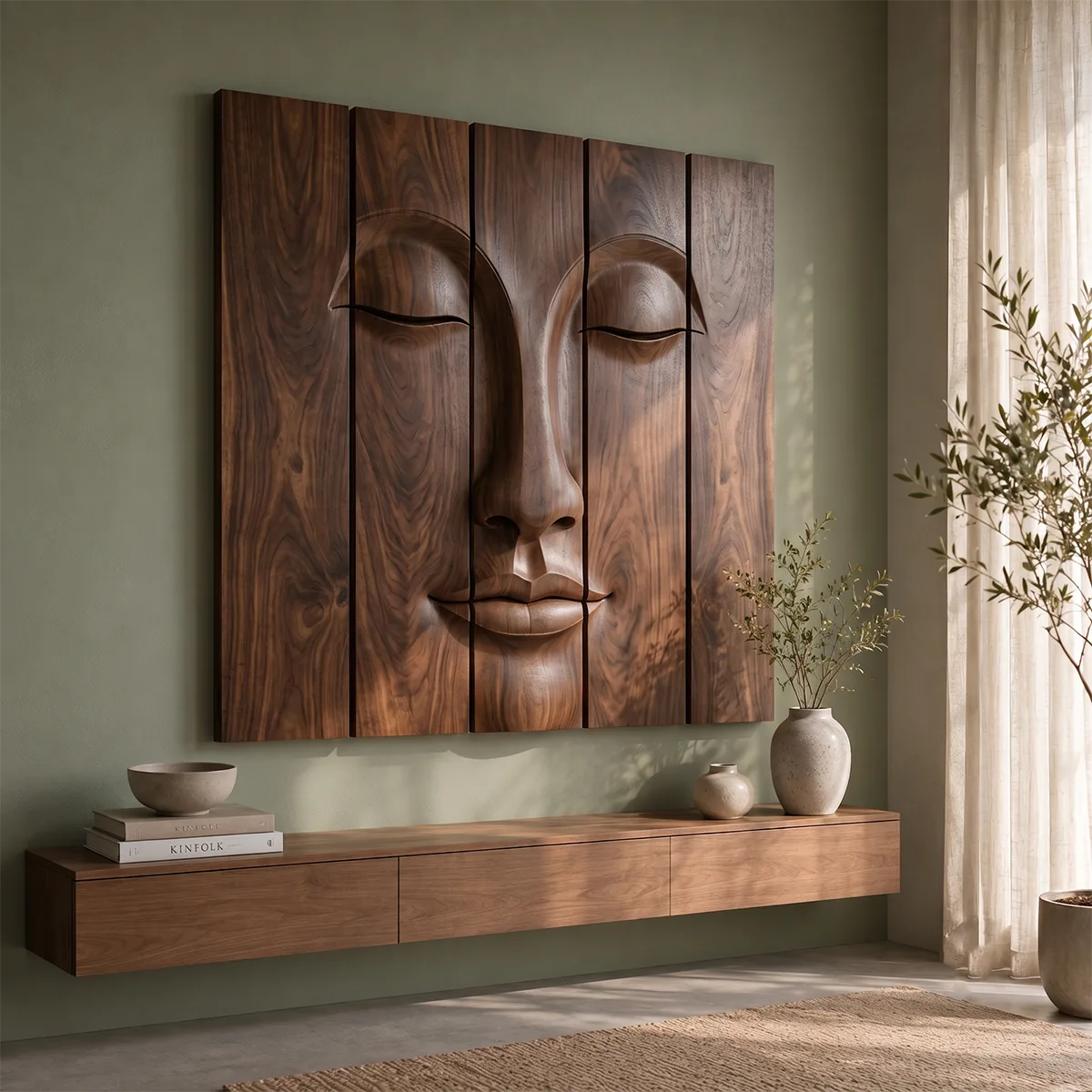 Zen Buddha Wooden Wall Art | Large 5 Panel Carved Wood Wall Sculpture TT006-4963