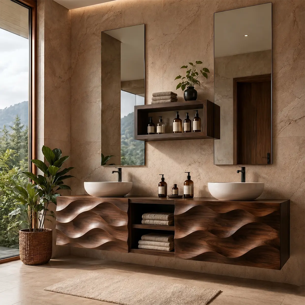Sculpted Wave Double Sink Floating Bathroom Vanity TT006-9643