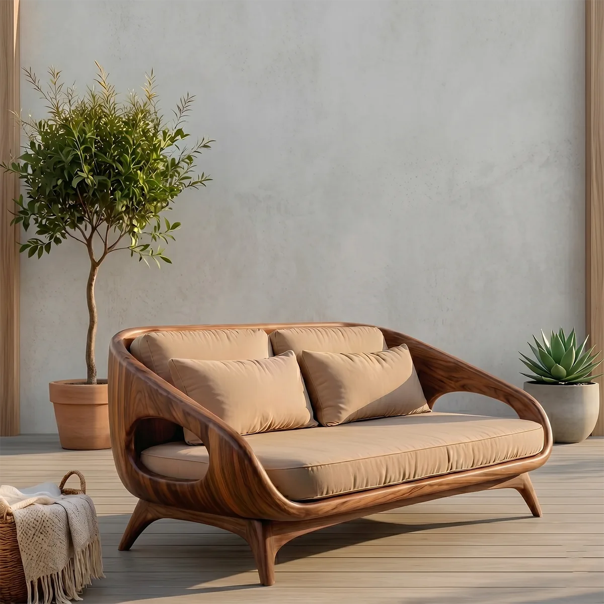 Luxury Organic Modern Outdoor Solid Wood Sofa with Sculptural Curves