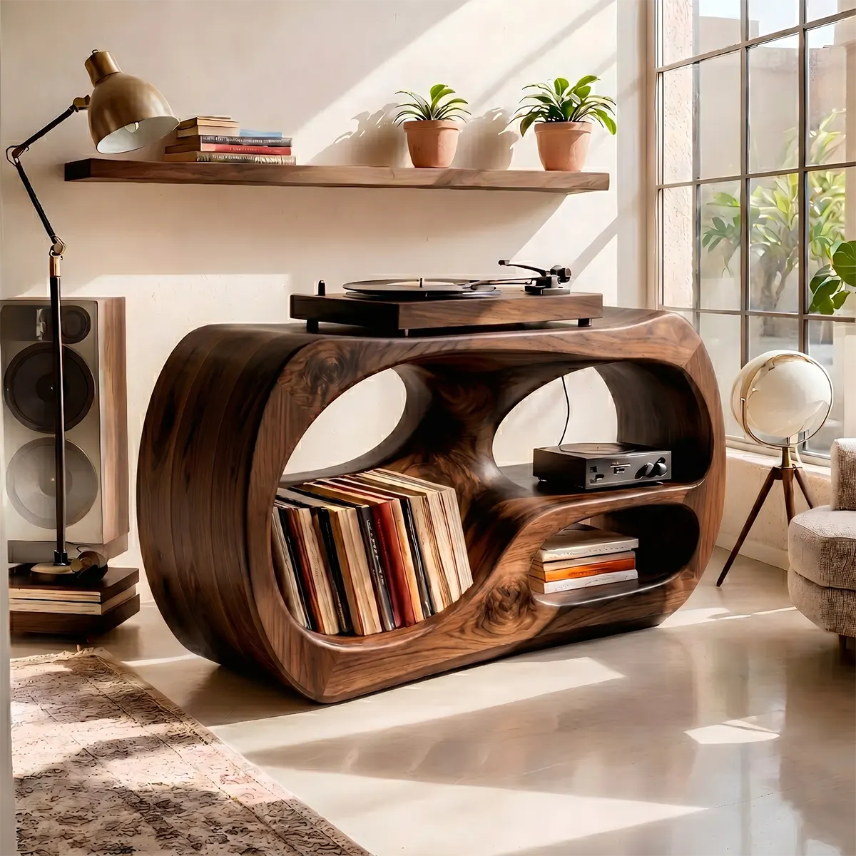 Solid Wood Record Player Stand, Curved Turntable Cabinet with Vinyl Storage
