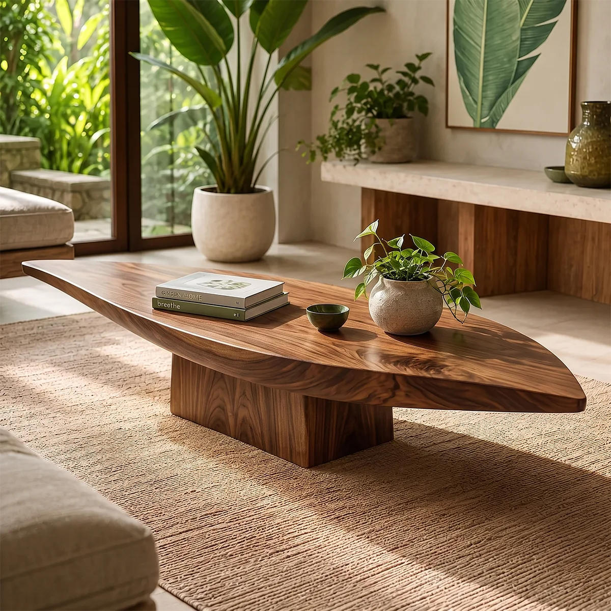 Organic Solid Wood Leaf Coffee Table | Freeform Hardwood Coffee Table with Sculptural Pedestal Base TT006-8380