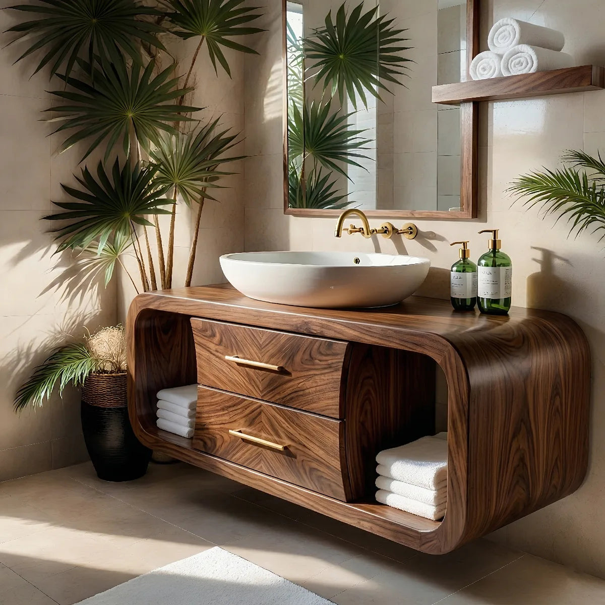 Floating Solid Wood Bathroom Vanity with Rounded Frame