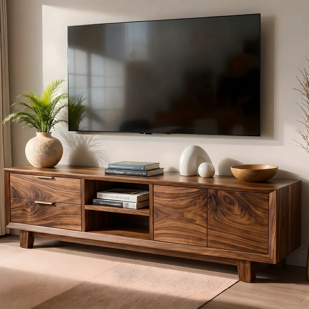 Mid Century Modern Solid Wood TV Stand with Mixed Storage