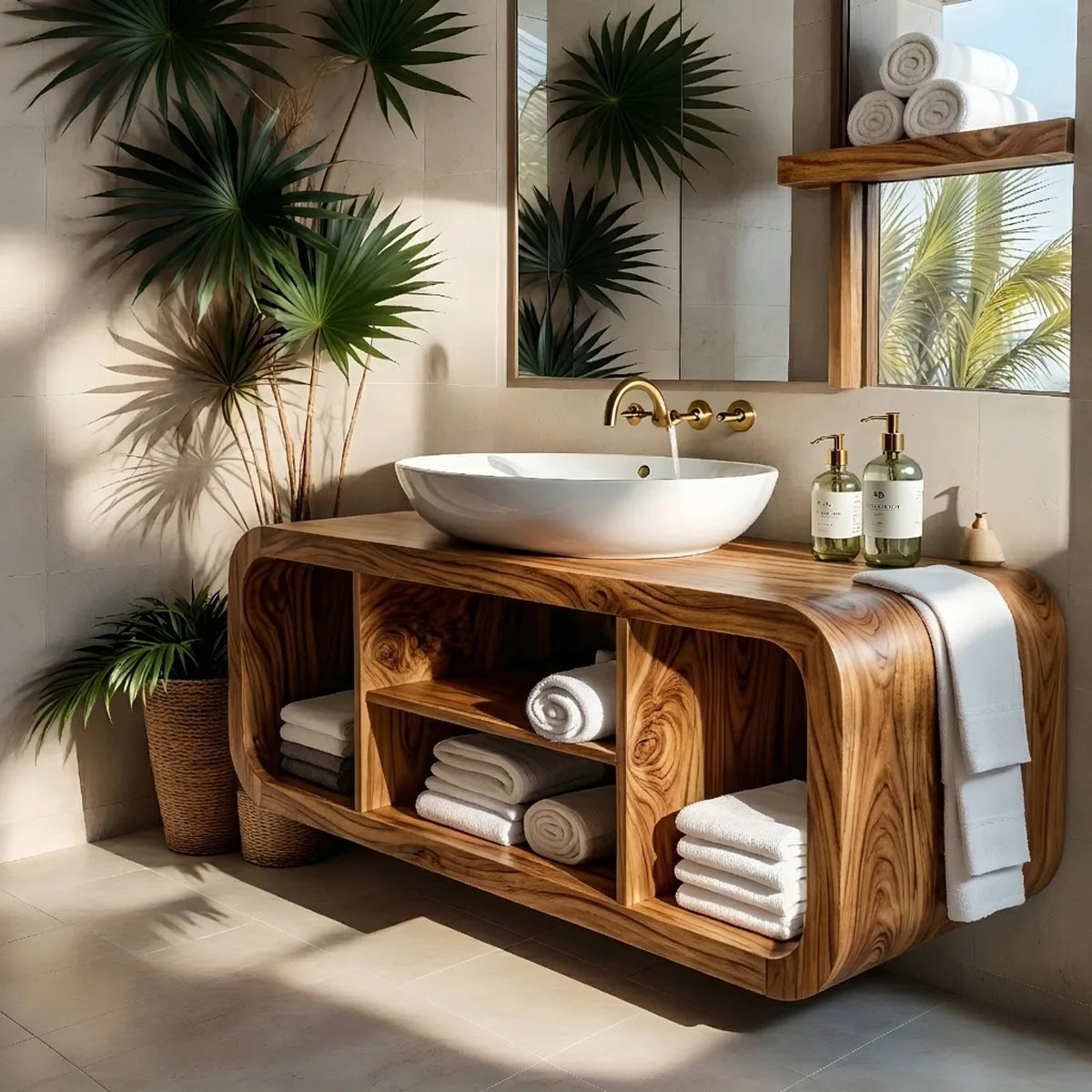 Floating Solid Wood Bathroom Vanity with Rounded Frame and Open Shelf Storage