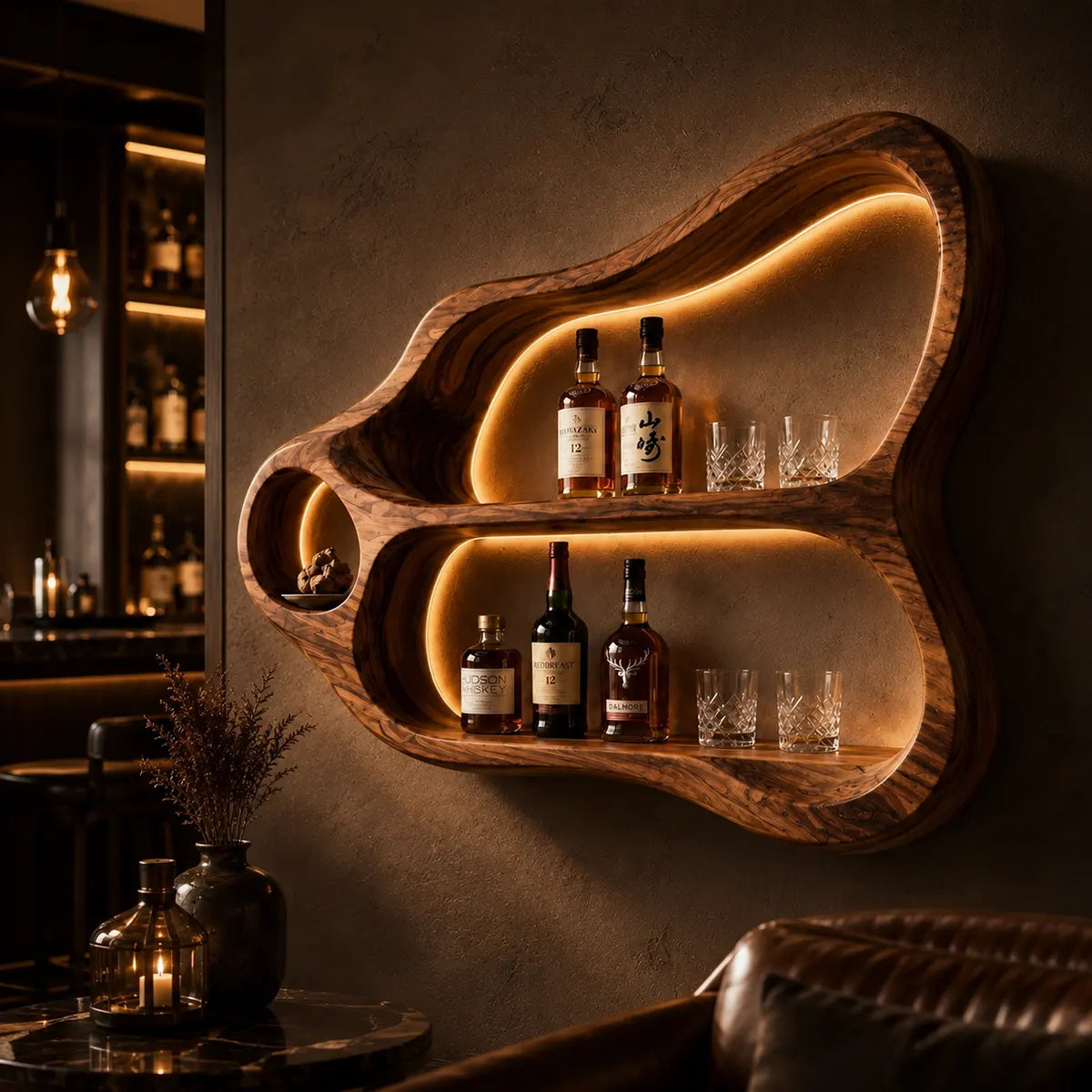 Sculptural Solid Wood Wall Wine Holder for Home Bars & Whiskey Collectors TT006-7510