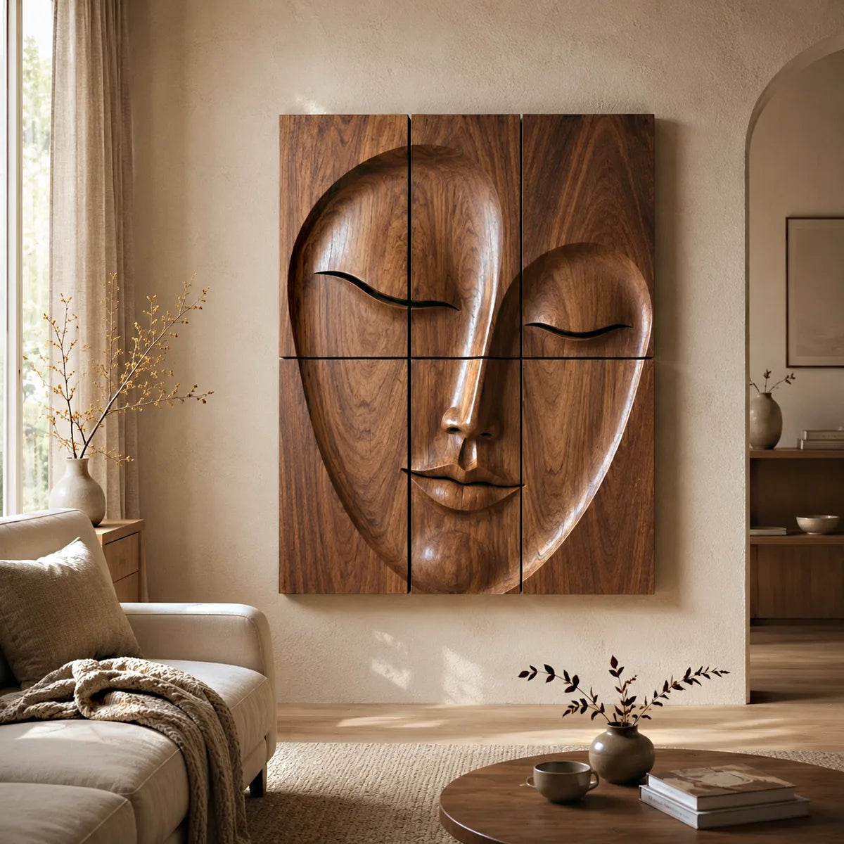 Abstract Wooden Face Wall Art | Large 6 Panel Modern Wood Sculpture TT006-6830